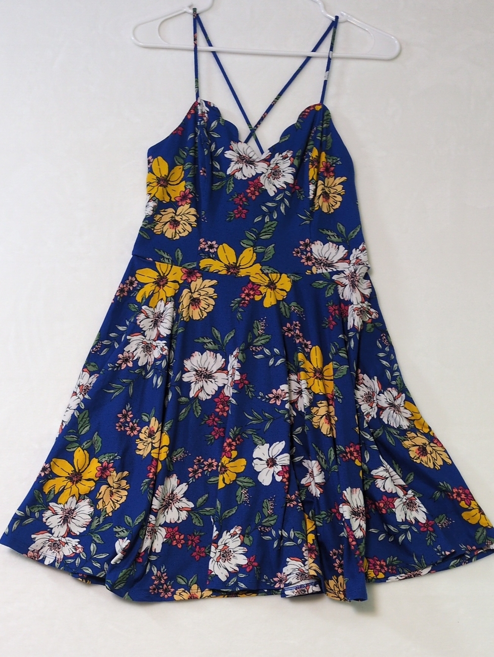 Fortune + Ivy Floral Scalloped Sweetheart Dress Royal Blue Cross Back Medium